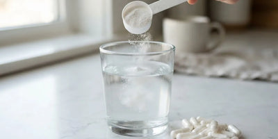 A scoop of inositol powder and capsules showing a daily dose