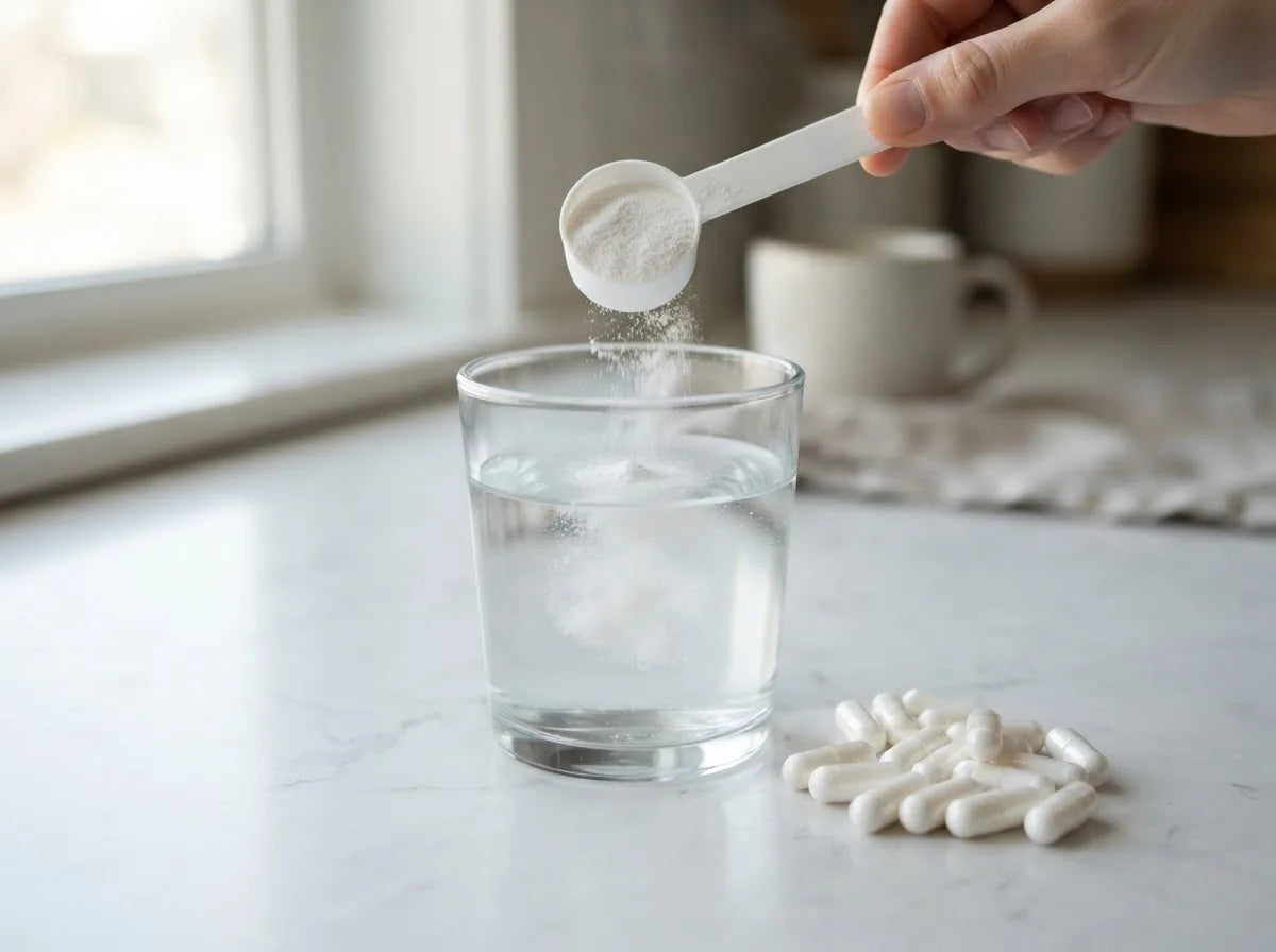 A scoop of inositol powder and capsules showing a daily dose