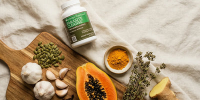 Antiparasitic foods and herbs spread — pumpkin seeds, garlic, papaya seeds and turmeric for natural treatment