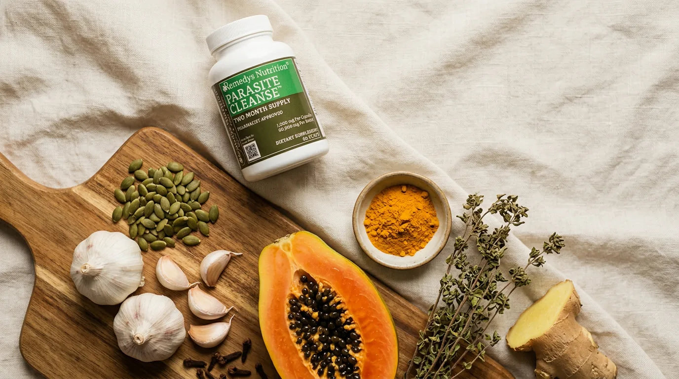 Antiparasitic foods and herbs spread — pumpkin seeds, garlic, papaya seeds and turmeric for natural treatment