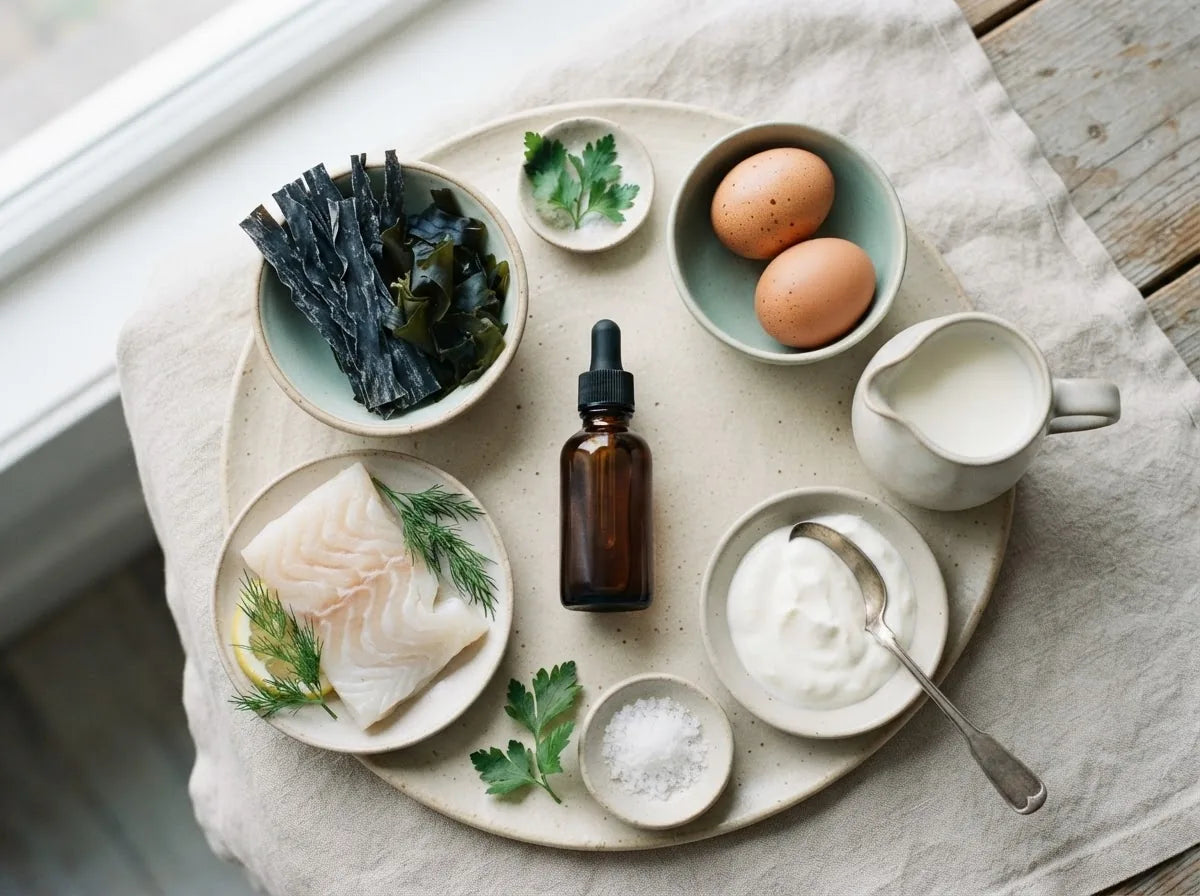 Iodine-rich foods with a liquid iodine bottle
