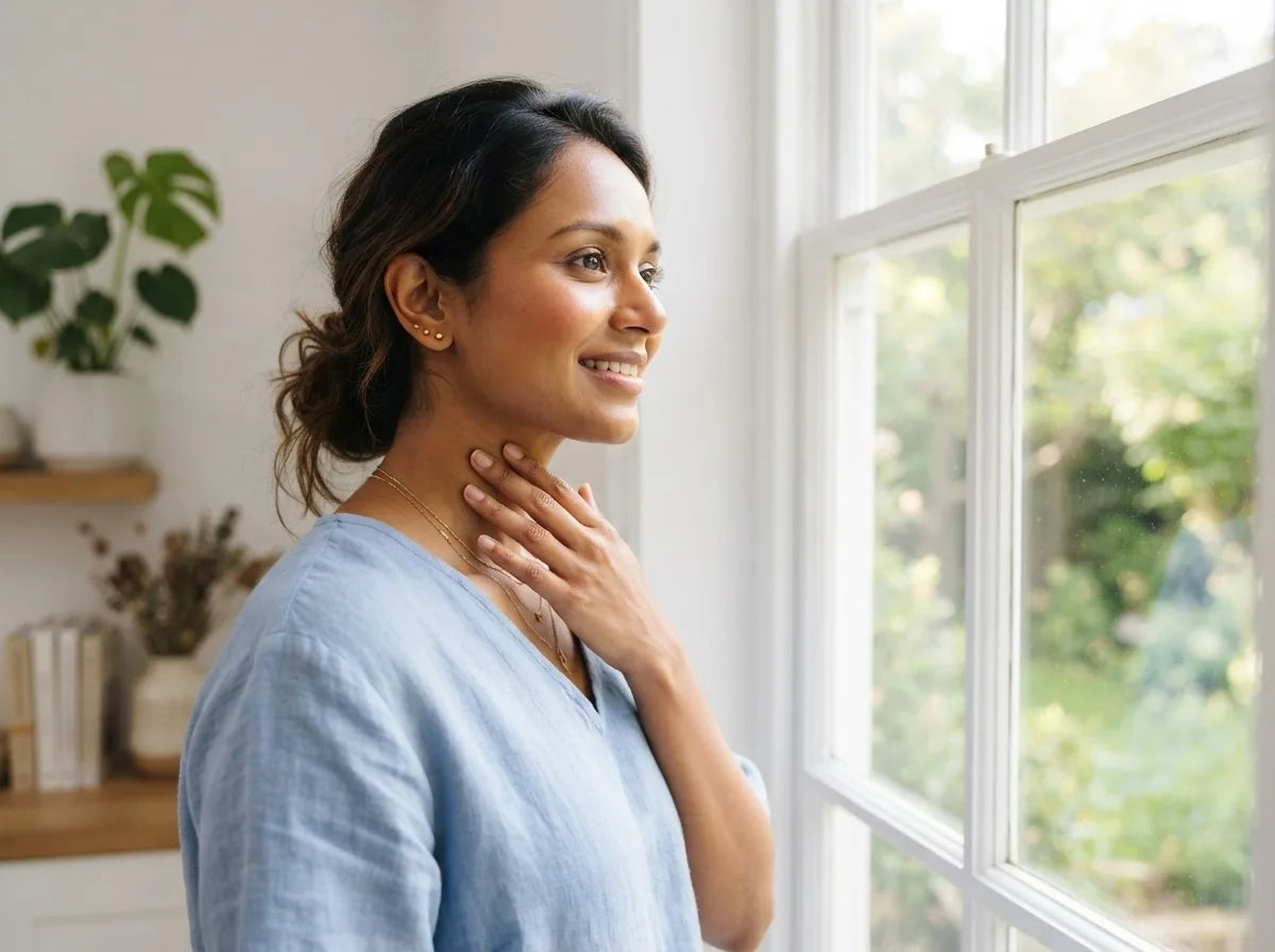 Iodine and thyroid health, a woman with a hand at her neck