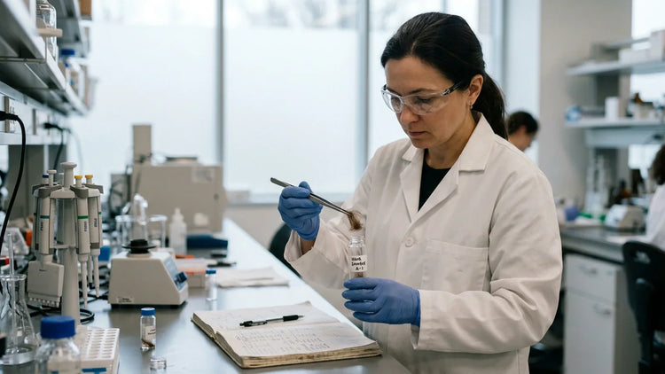 Female lab scientist in white coat carefully loading a hair sample into a digestion vial — hair tissue mineral analysis accuracy and evidence