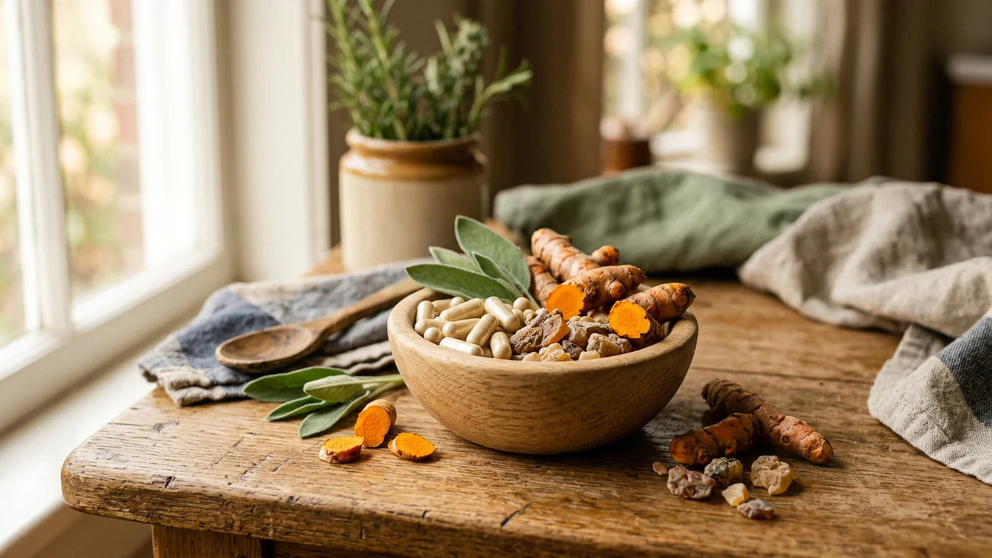 Capsules and turmeric root on a wooden surface with sage leaves — joint health complete guide
