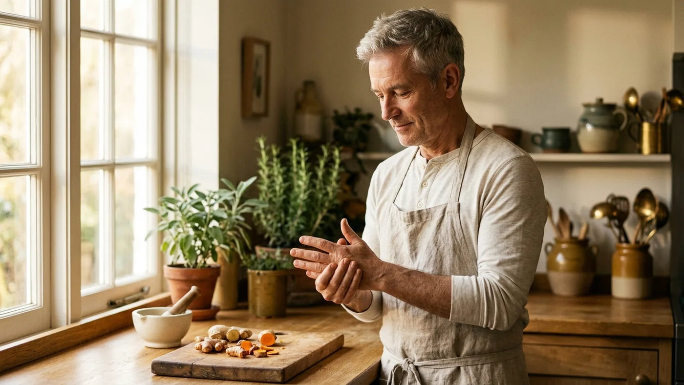Man age 58 in linen apron gently massaging the back of his hands at sunlit oak kitchen counter, ginger and turmeric root visible nearby — joint care morning ritual