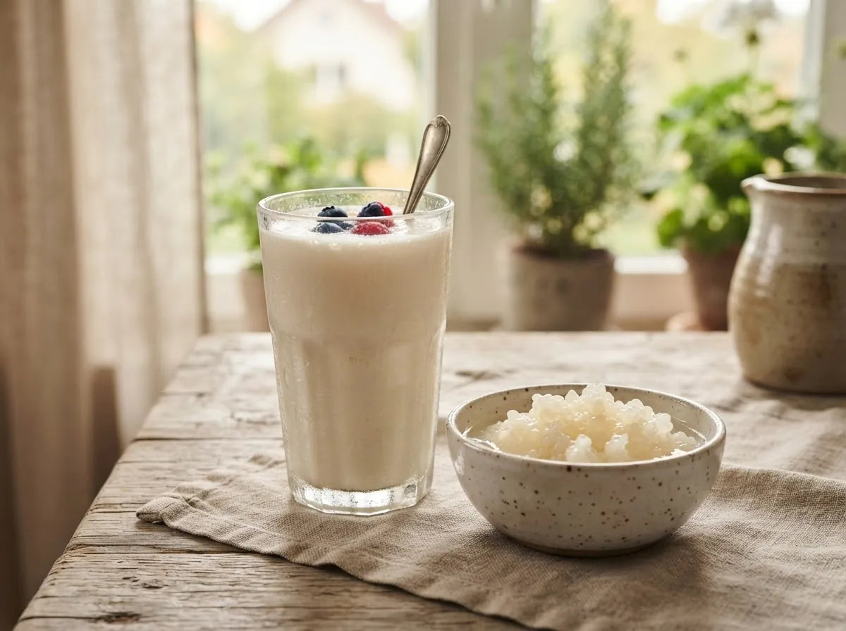 A glass of kefir beside kefir grains showing what kefir is