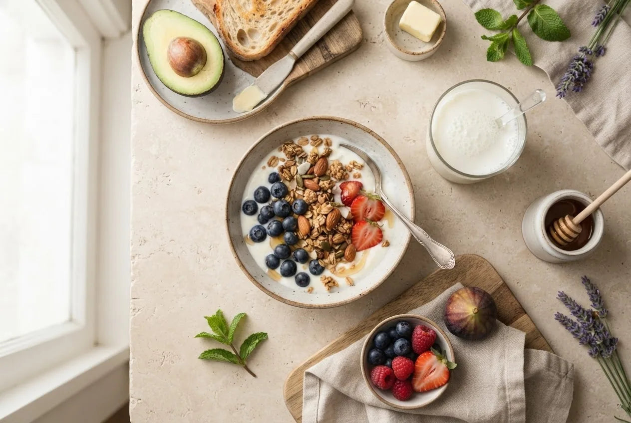 A glass and bowl of kefir with berries and granola highlighting kefir benefits