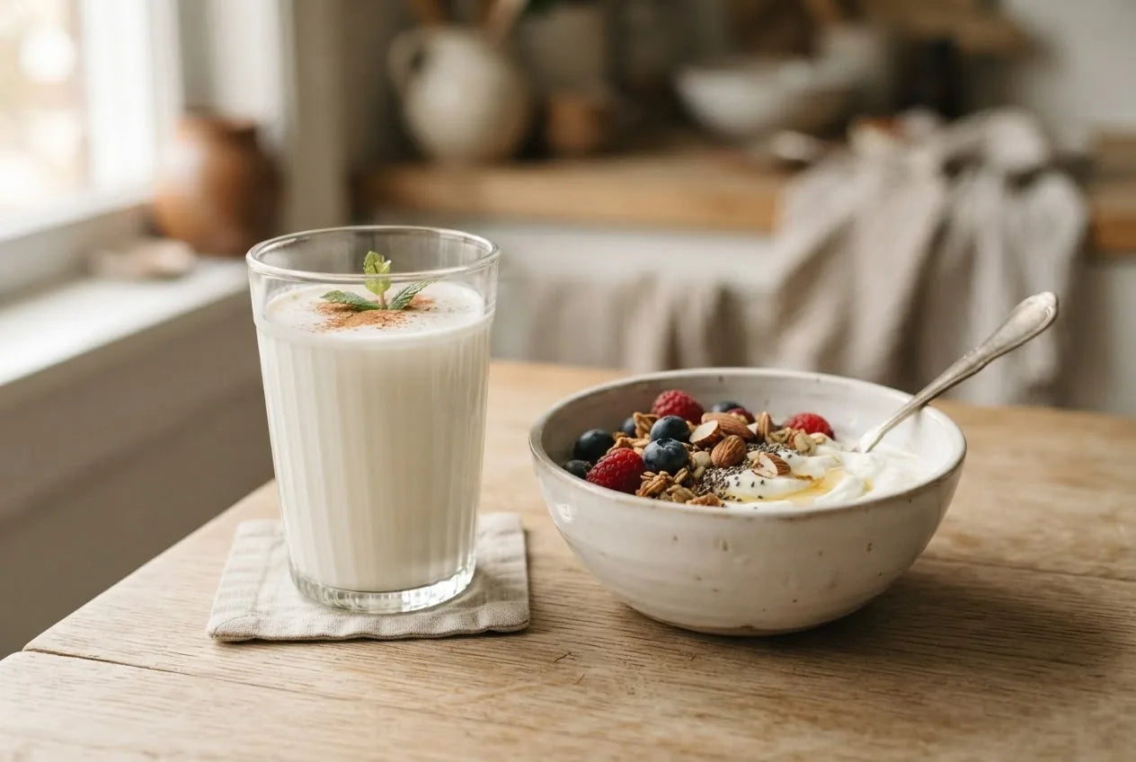 A glass of kefir next to a bowl of yogurt comparing the two