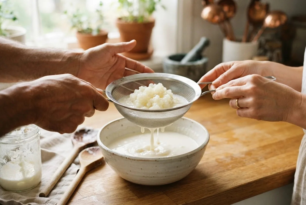 Hands straining homemade kefir grains from finished kefir