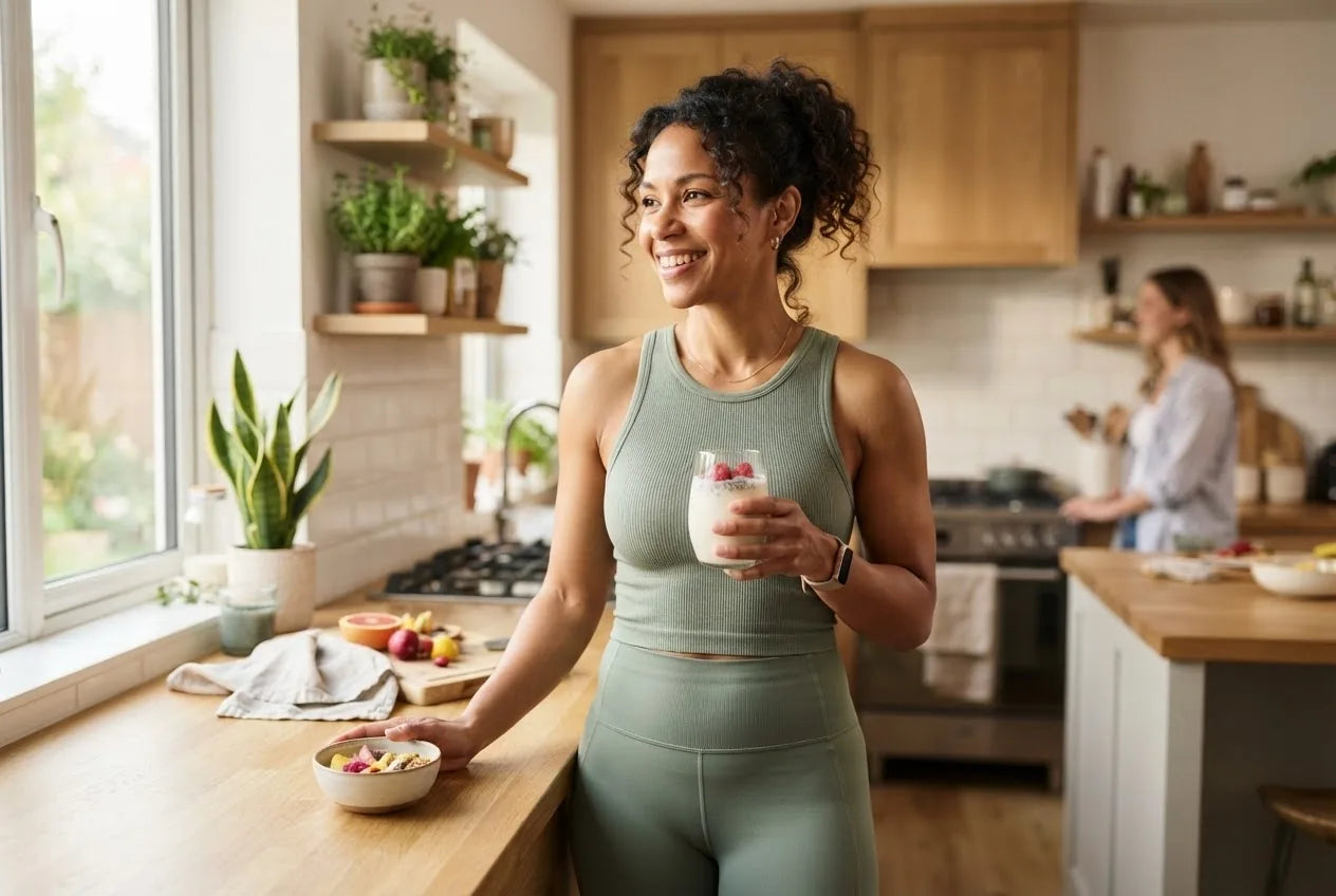 An active woman with a glass of kefir as part of a healthy routine