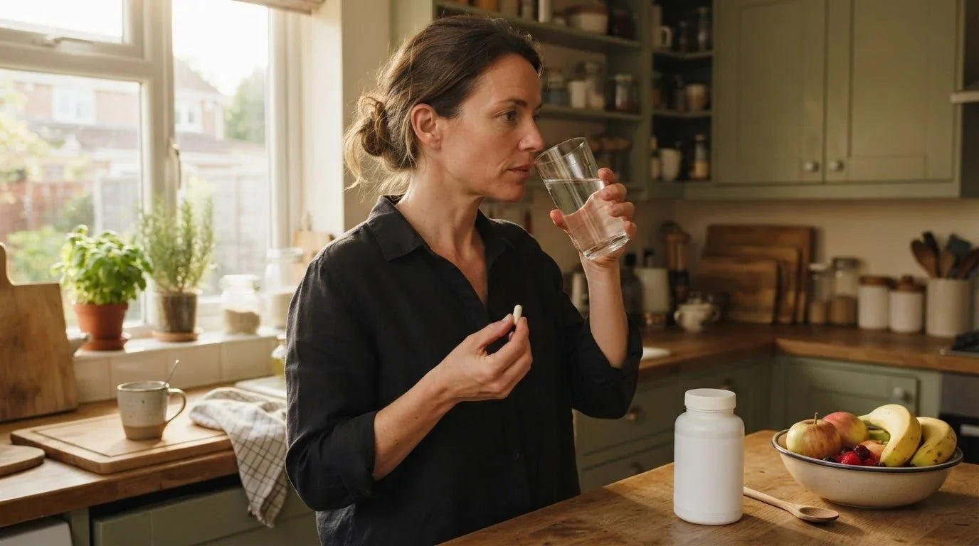 A woman about to take a capsule with a full glass of water at her kitchen counter