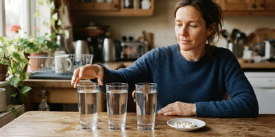 A woman at a kitchen table with three full glasses of water and a saucer of capsules