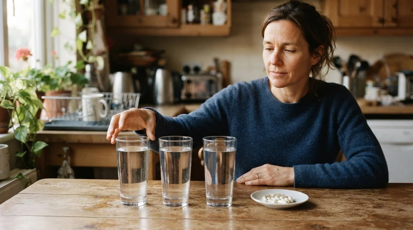 A woman at a kitchen table with three full glasses of water and a saucer of capsules
