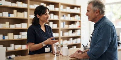 A pharmacist explaining the water instruction to a customer across the counter