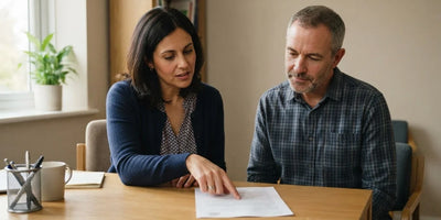 A man and a clinician looking together at a printed sheet of results at a desk