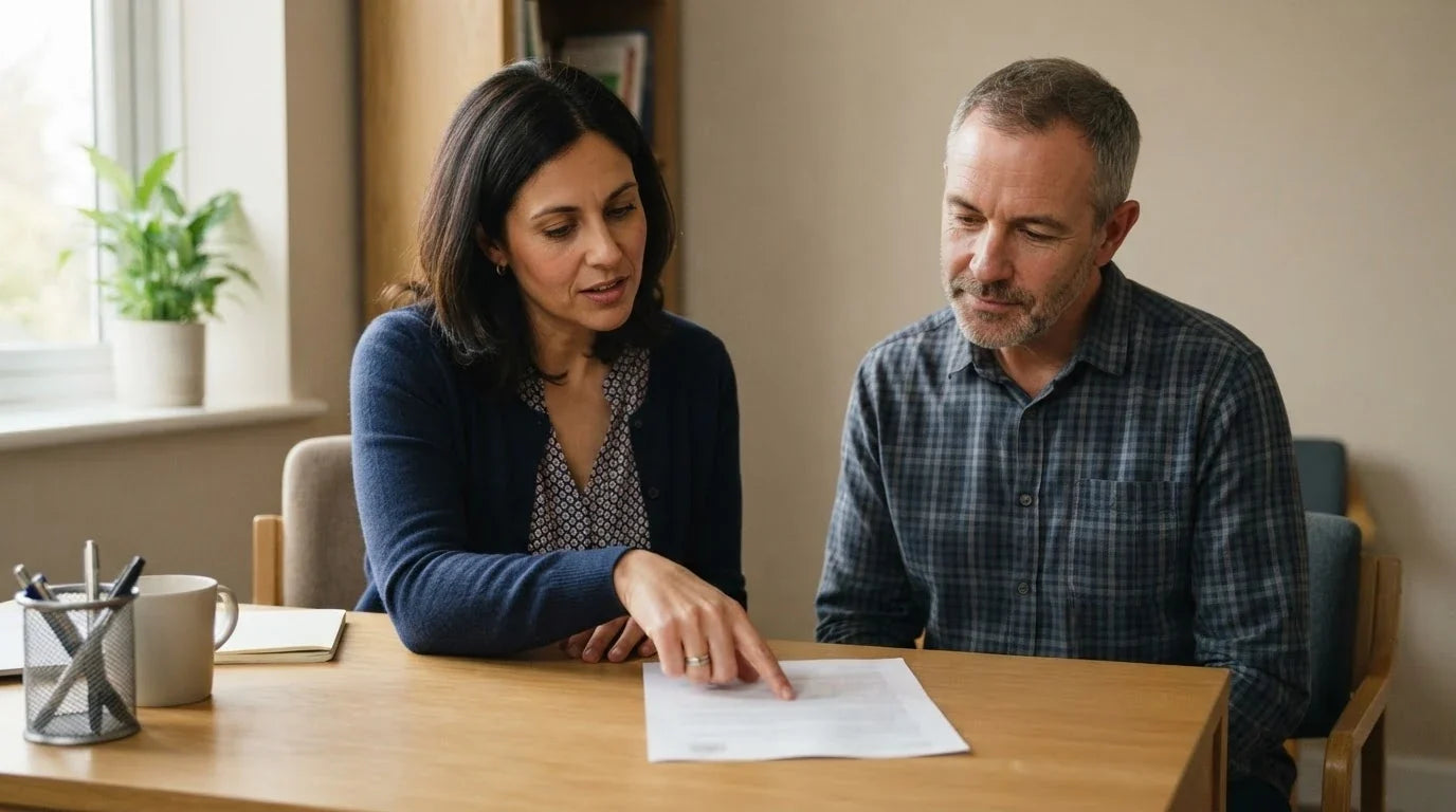 A man and a clinician looking together at a printed sheet of results at a desk