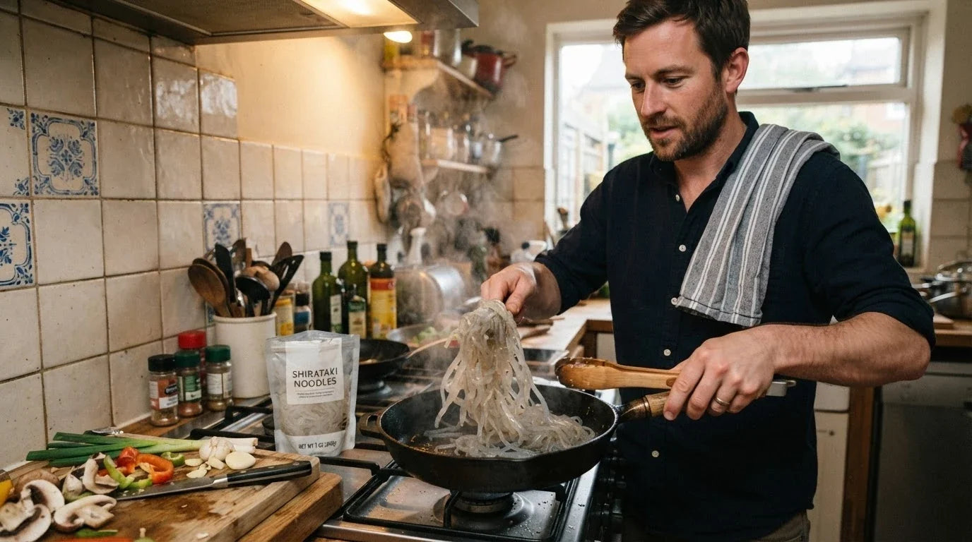 A man dry-frying translucent shirataki noodles in a hot pan
