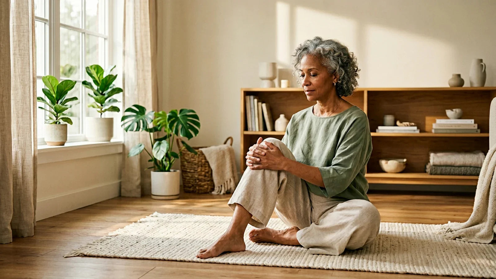 Mature woman doing gentle knee stretching on a yoga mat in soft afternoon light