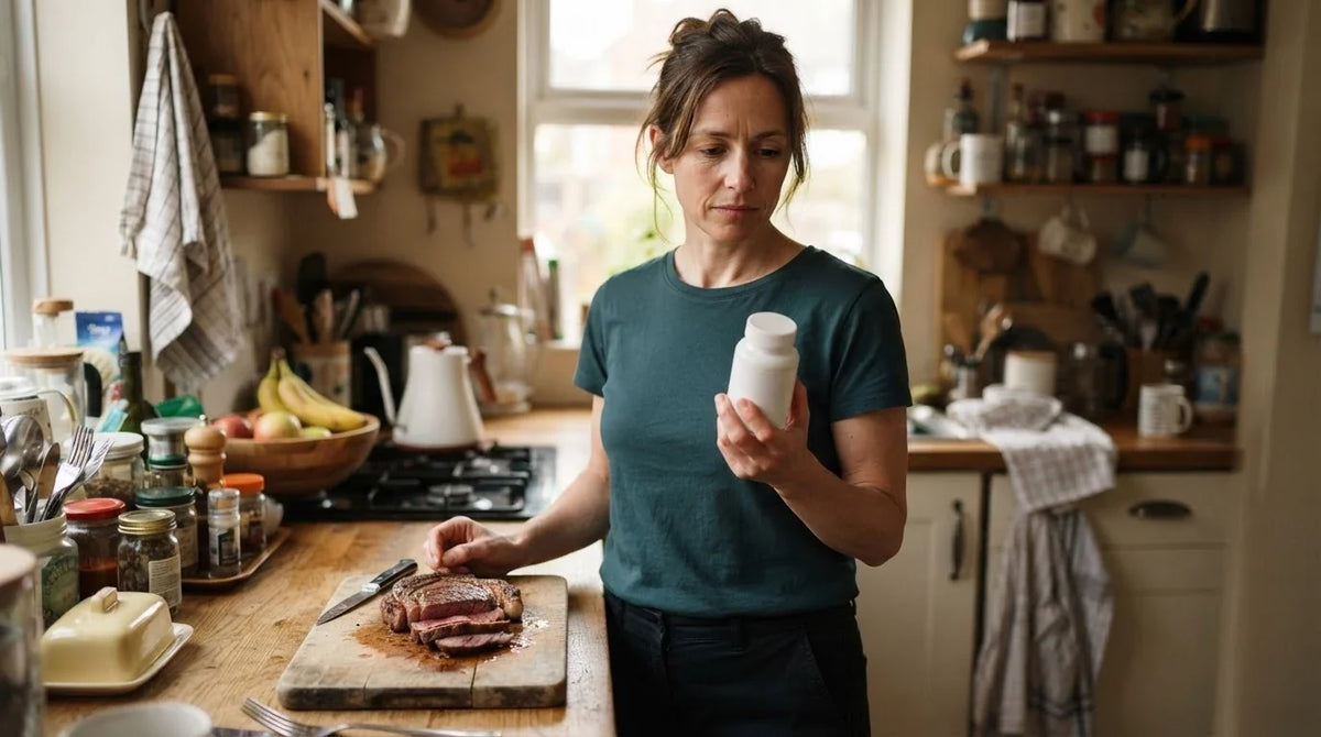 A woman at her kitchen counter with a plain supplement bottle and a steak on a board