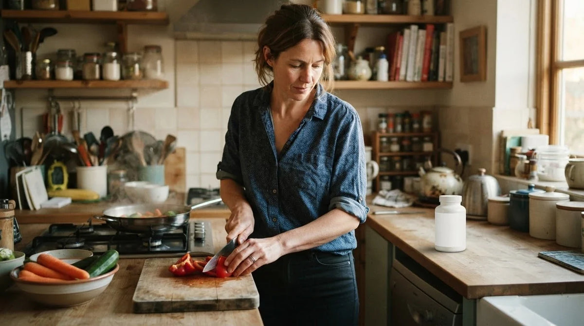 A woman chopping vegetables at her kitchen counter with a plain supplement bottle nearby