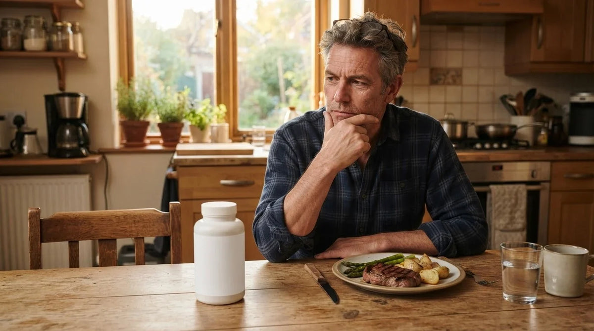 A man at his kitchen table with a plain supplement bottle and a plate of red meat