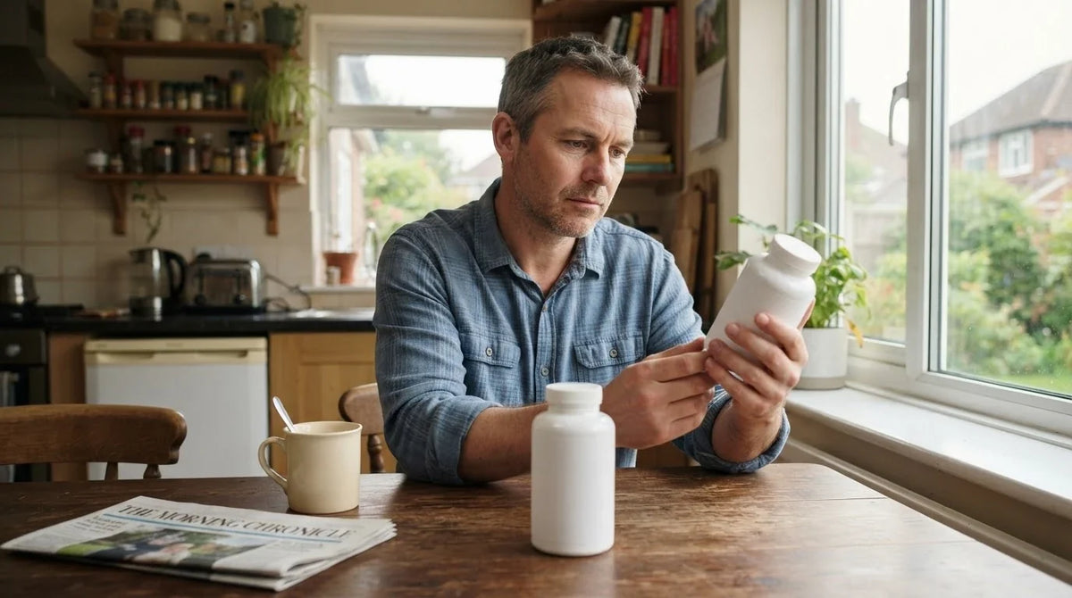 A man at his kitchen table reading the back of one of two identical plain supplement bottles