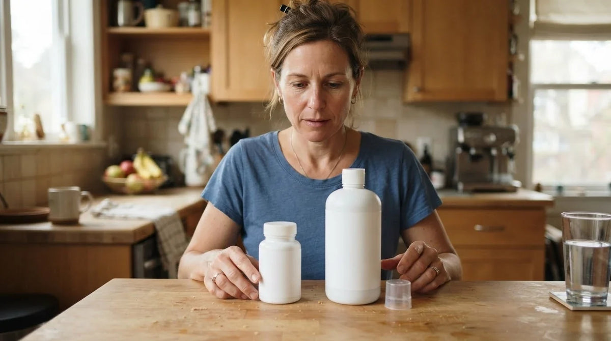A woman at her counter comparing a capsule bottle and a larger liquid bottle