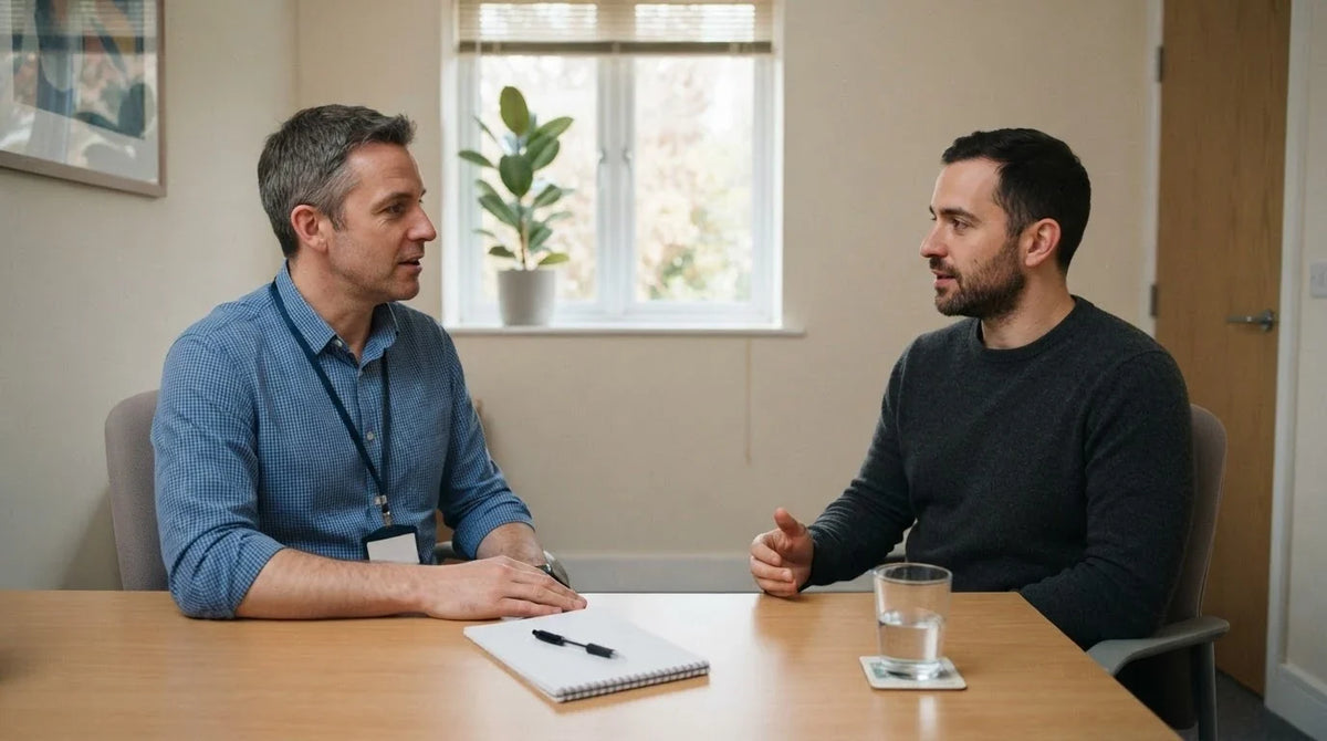 A man in his thirties talking with a clinician across a plain desk