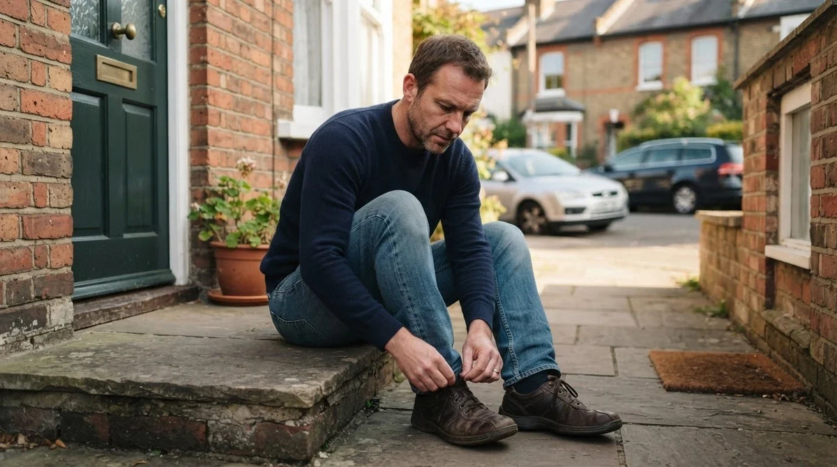 A man lacing walking shoes on his front doorstep in the morning