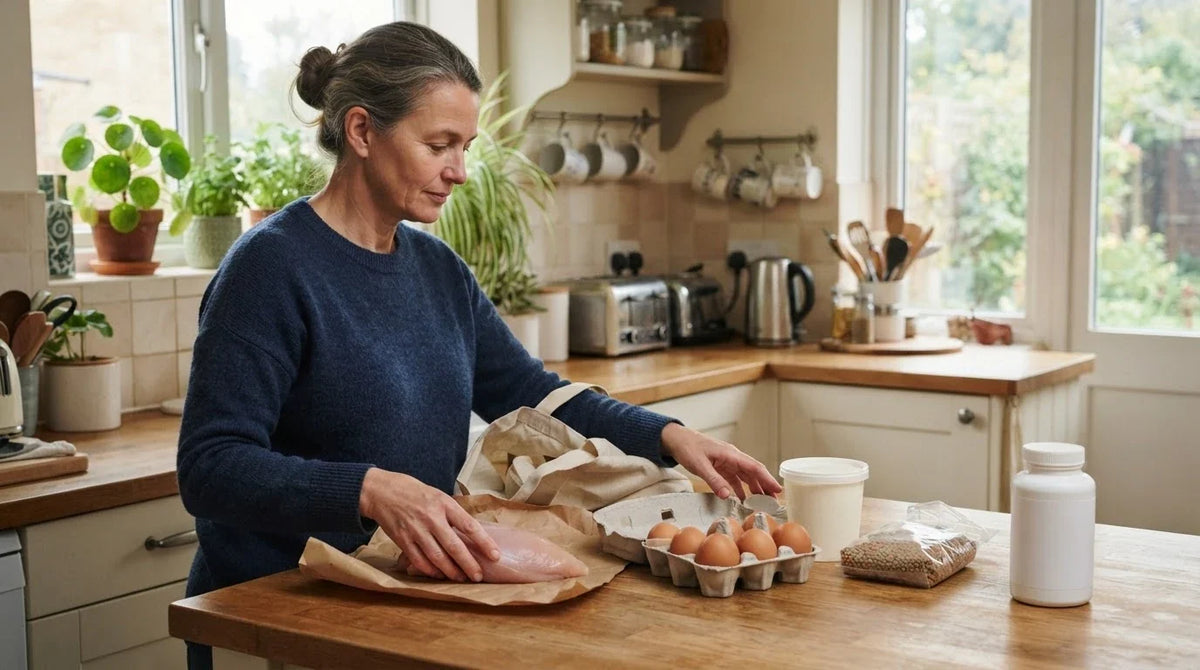 A woman unpacking eggs, yoghurt, chicken and lentils onto her kitchen counter