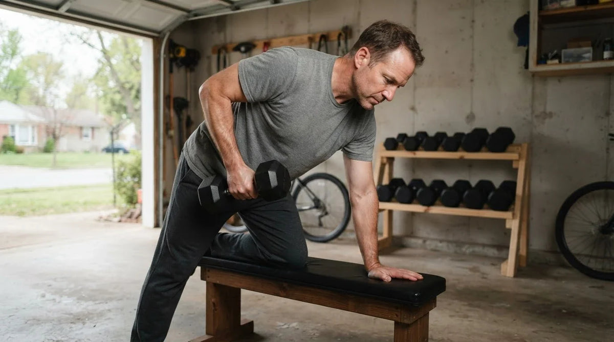 A man doing a one-arm dumbbell row in a simple home garage gym