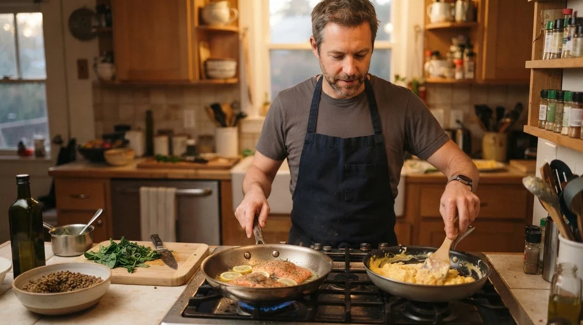 A man cooking salmon and eggs at his stove with lentils and spinach beside him