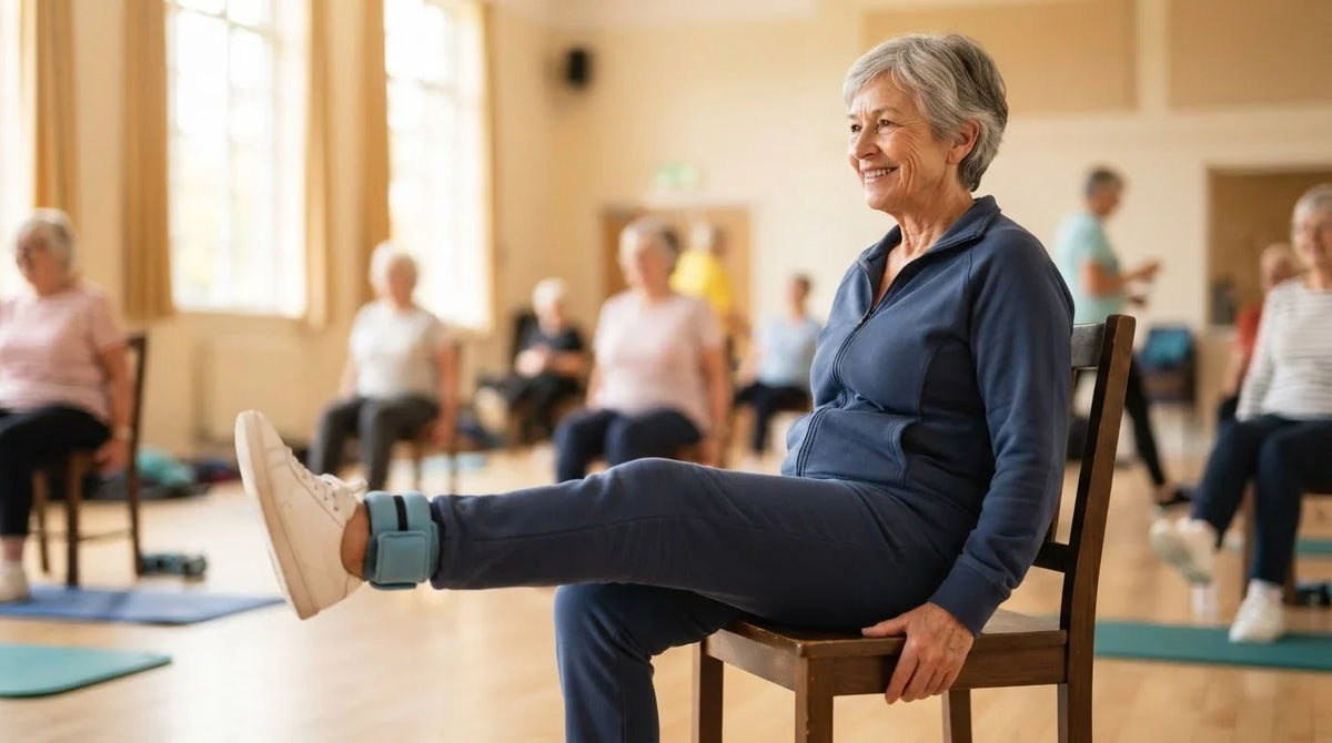 An older woman doing a seated leg exercise with an ankle weight in a community class