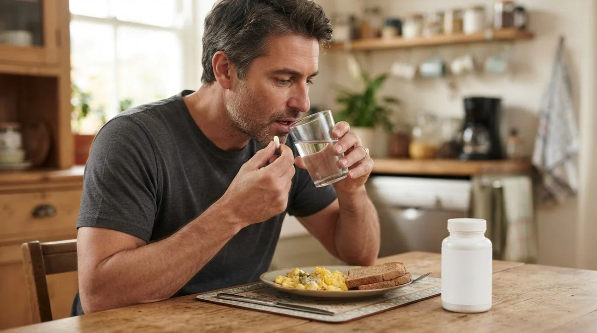 A man taking a capsule with water alongside his breakfast