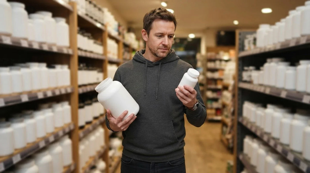 A man in a shop aisle comparing a plain protein tub with a plain supplement bottle