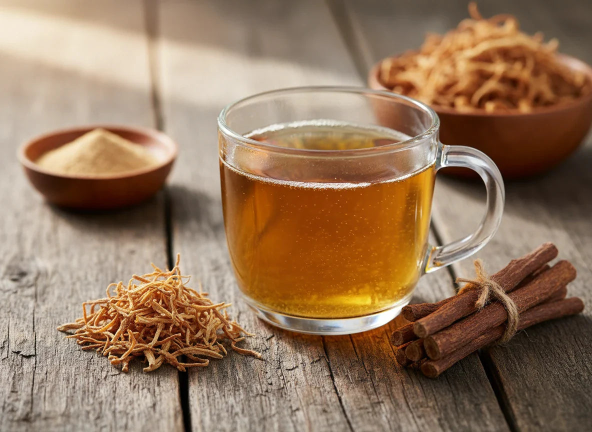 Golden licorice tea in a mug, alongside raw licorice root, shredded fibers, and powder on rustic wood, representing a natural herbal remedy using licorice root adrenal fatigue for energy and balance.