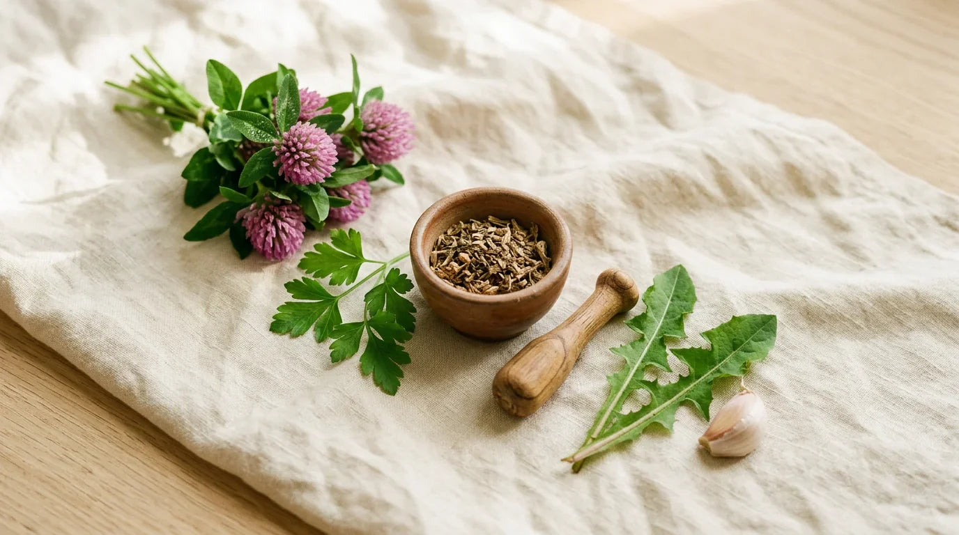 Soft assortment of lymphatic herbs on cream linen with a wooden mortar and pestle in morning light