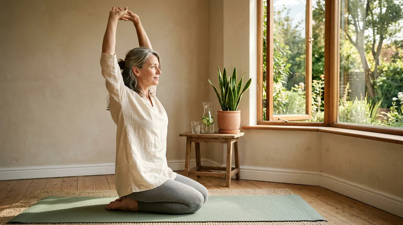 Femme mûre en tunique de lin s'étirant doucement sur un tapis de yoga près d'une fenêtre ouverte, baignée par la douce lumière du matin.