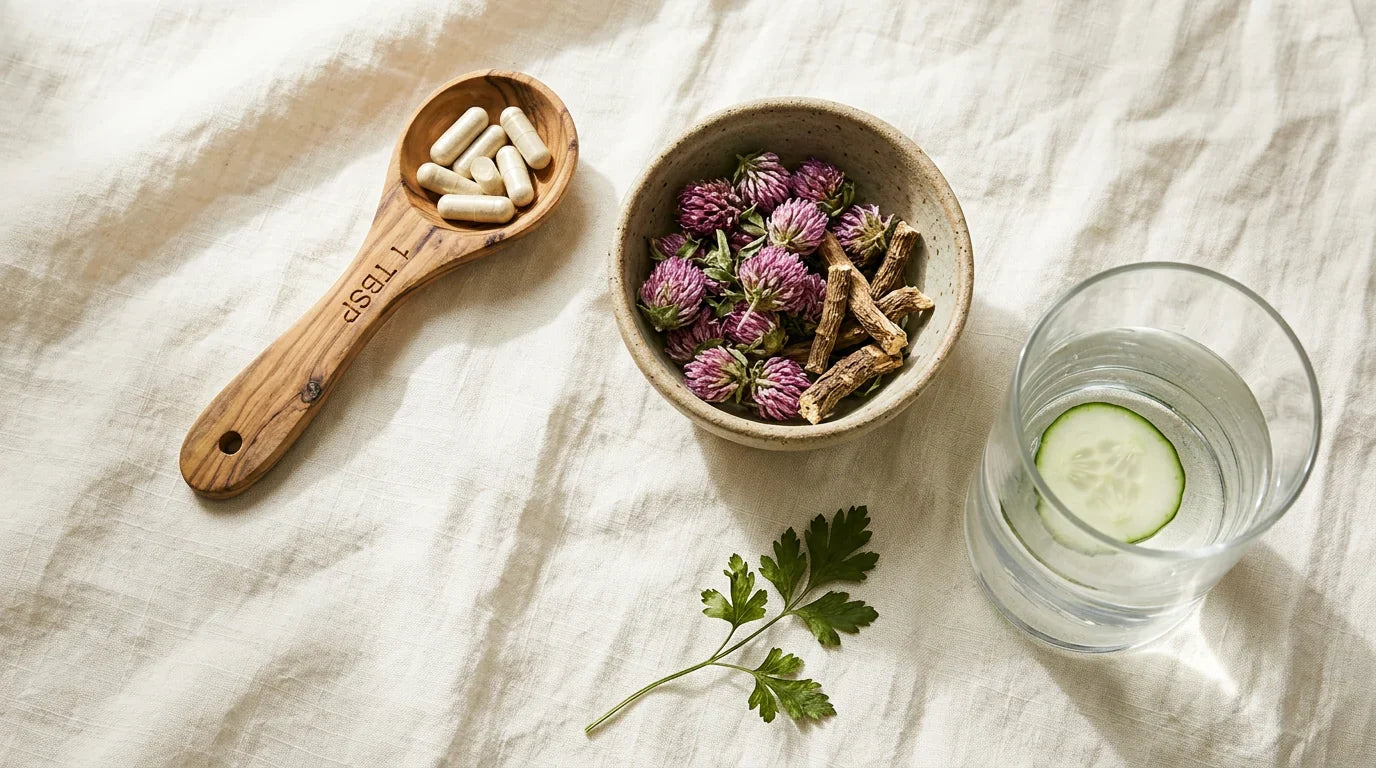 Cuillère en bois d'olivier contenant des capsules, à côté d'un petit bol d'herbes séchées et d'un verre d'eau, sur une nappe en lin couleur crème.