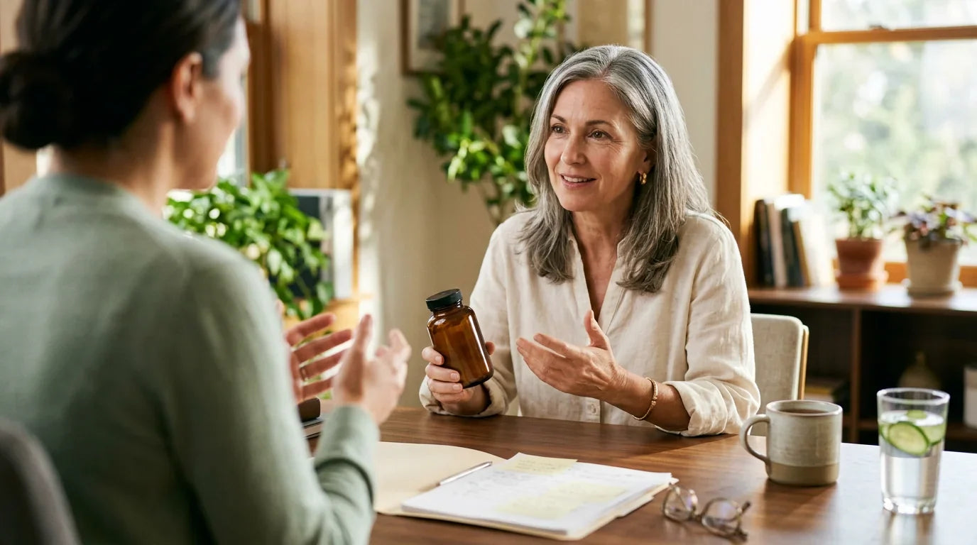 Femme mûre en consultation calme avec un professionnel de la santé à un bureau en bois baigné de soleil