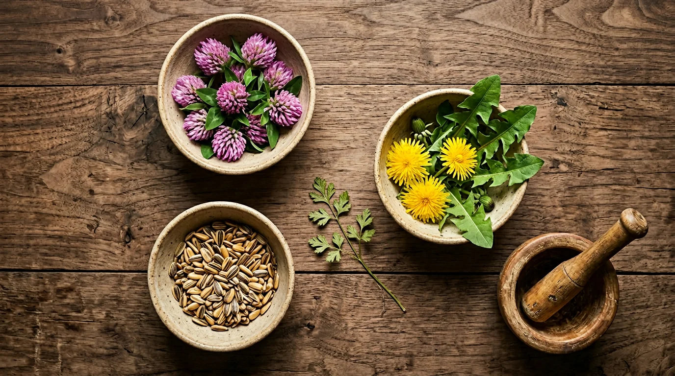 Top-down still life of three small bowls with red clover, milk thistle, and dandelion on walnut