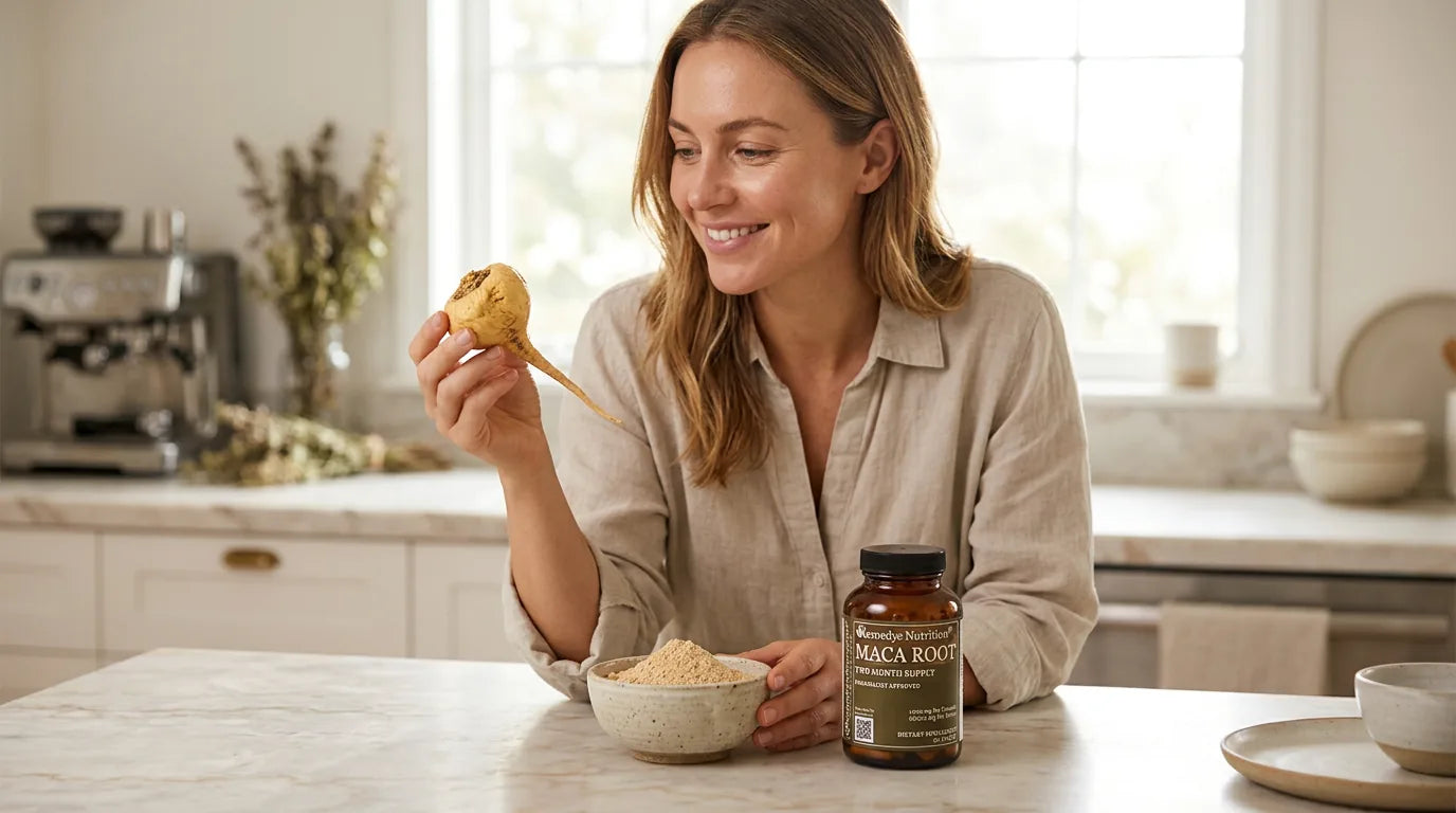 Woman holding maca root and powder in a bright kitchen