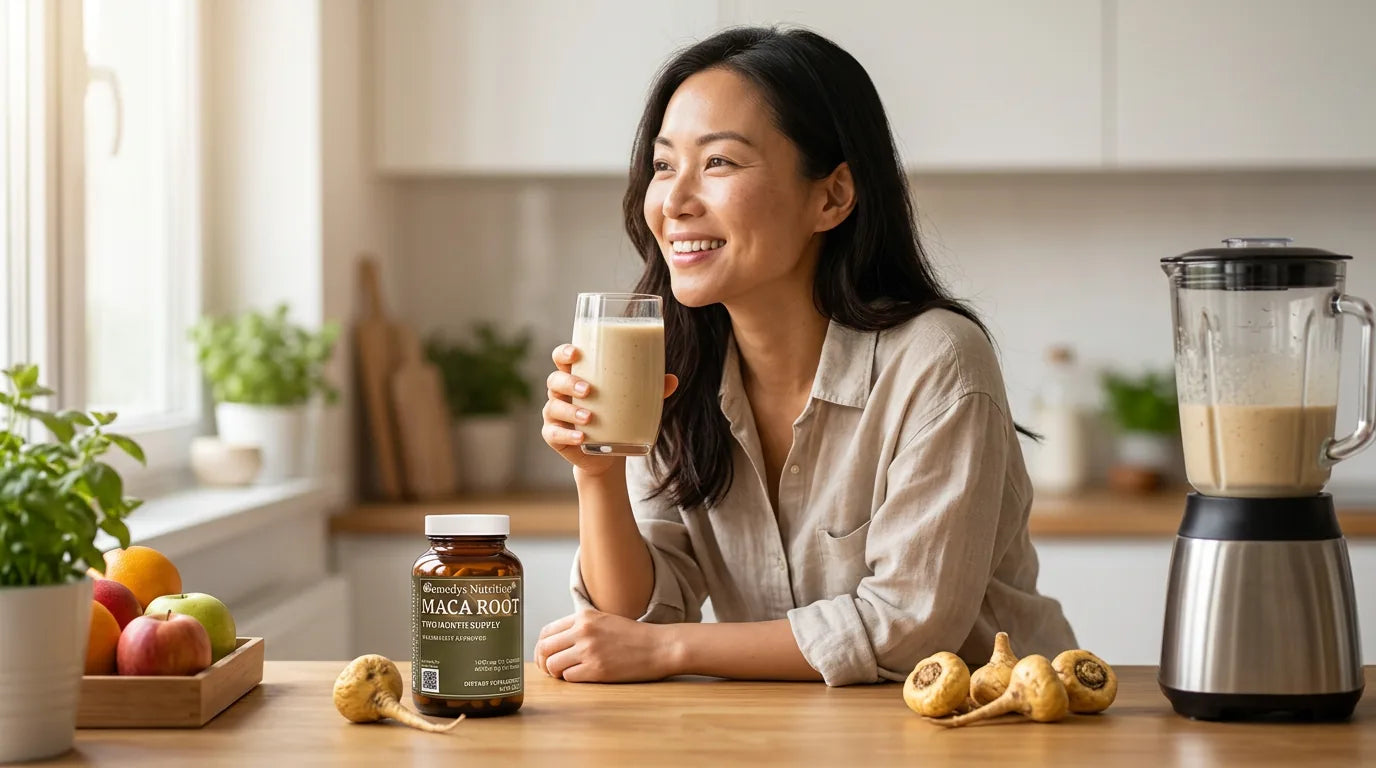 Energized healthy woman holding a maca smoothie