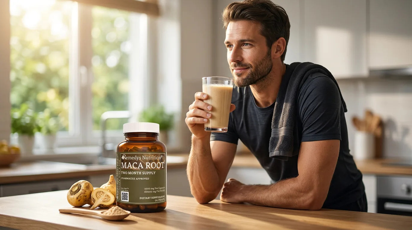 Active man taking maca after a workout
