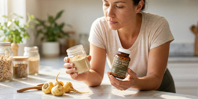 Person comparing maca powder and maca capsules