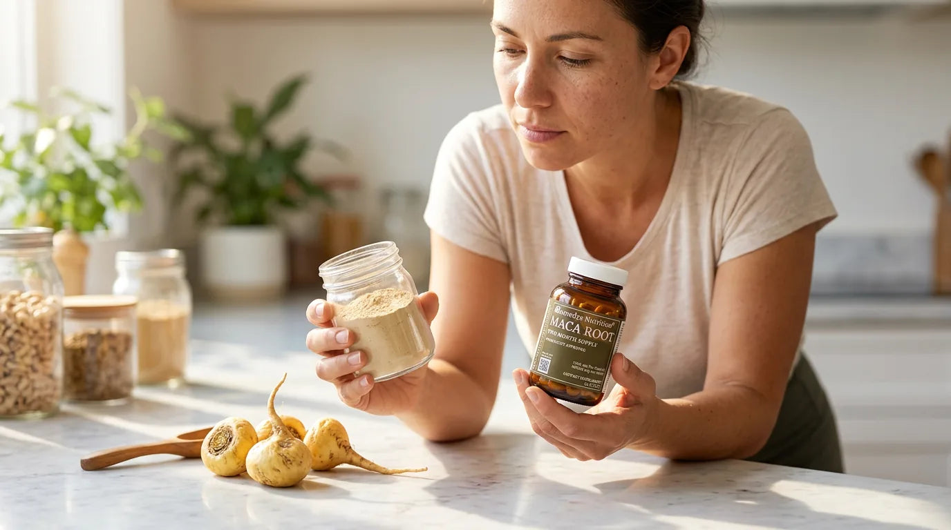 Person comparing maca powder and maca capsules