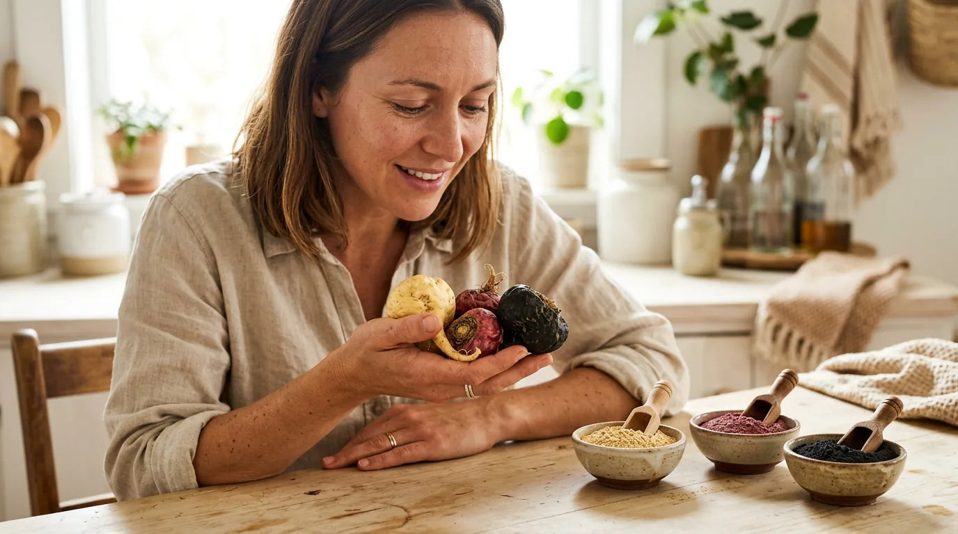 Person holding black, red and yellow maca roots