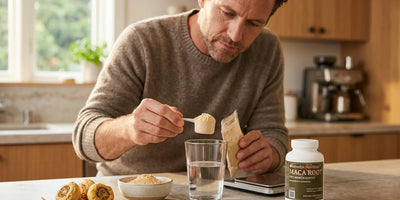Person measuring a scoop of maca powder for daily dose