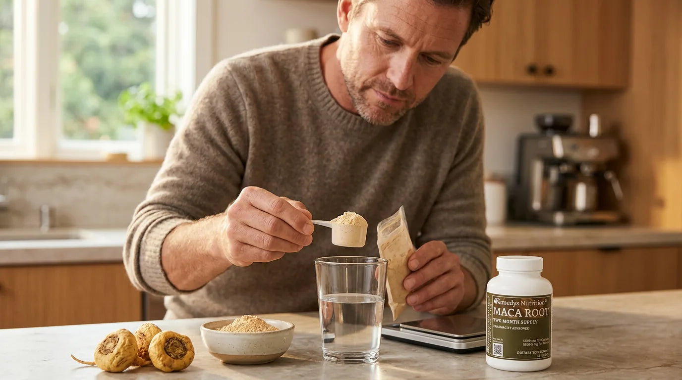 Person measuring a scoop of maca powder for daily dose