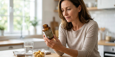 Woman reading a maca supplement label for safety